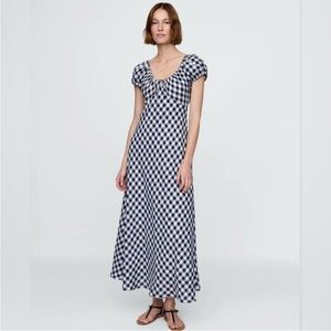 Navy & White Gingham Midi Dress - Casual Puff Sleeve